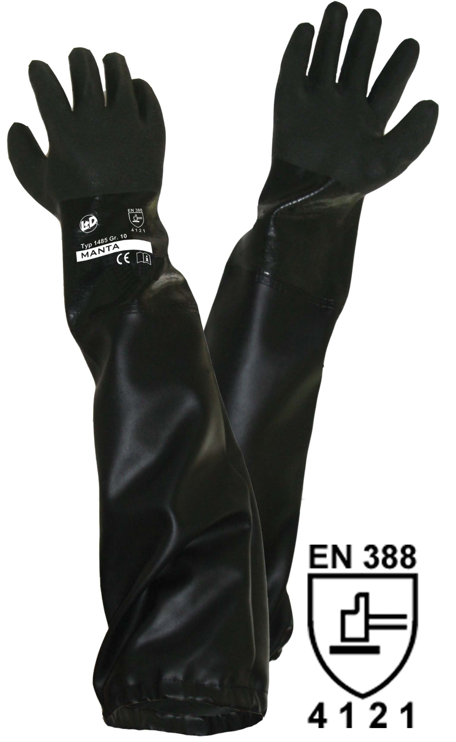 70 cm lang PVC Manta Teichpflegehandschuh / Sandstrahlerhandschuh schwarz 